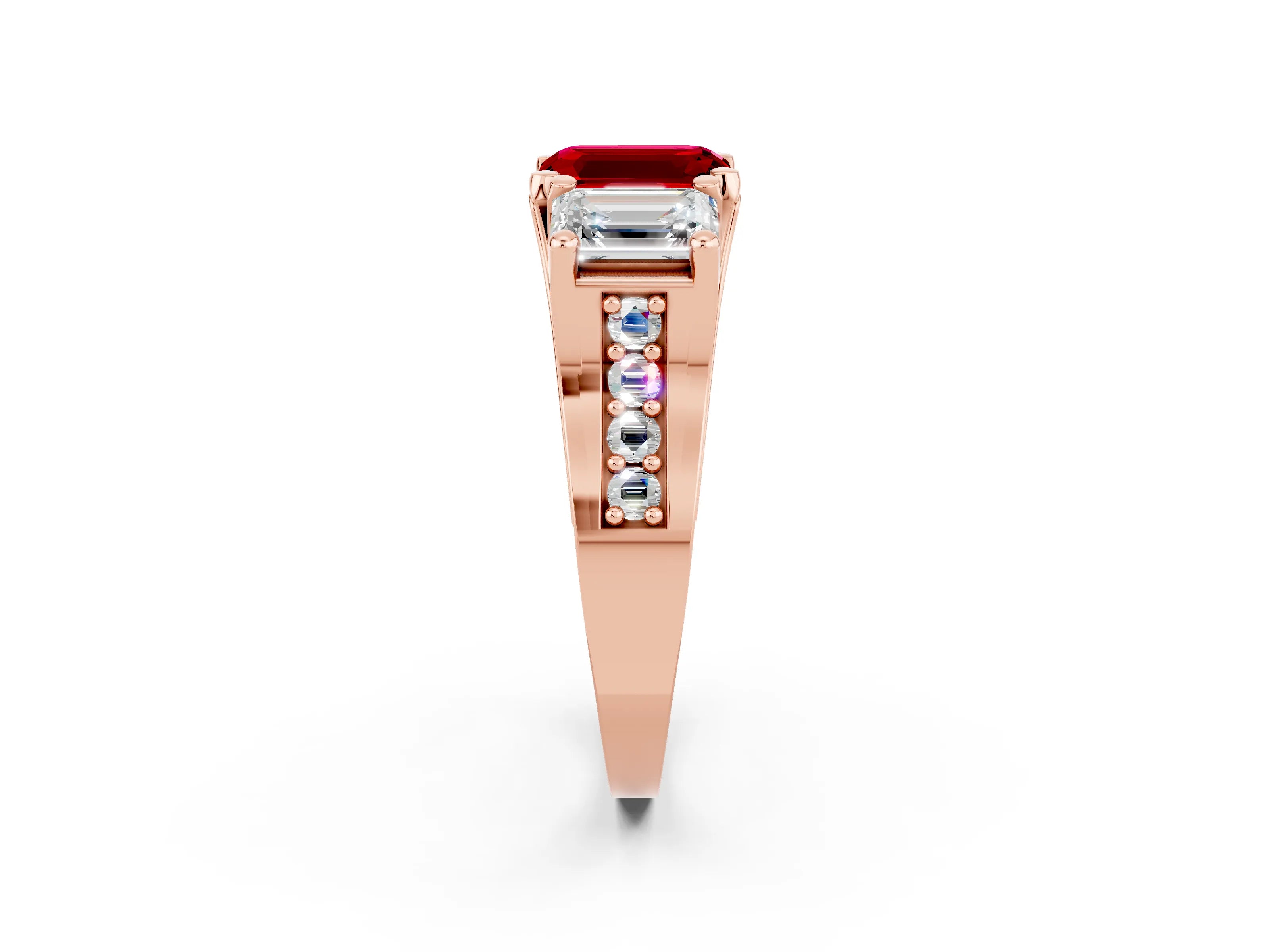 Rose gold Emerald Cut Ruby Three-Stone Ring with Channel Set Band and Four-Prong Setting_2