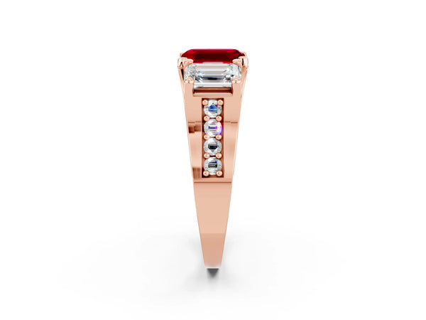 Rose gold Emerald Cut Ruby Three-Stone Ring with Channel Set Band and Four-Prong Setting