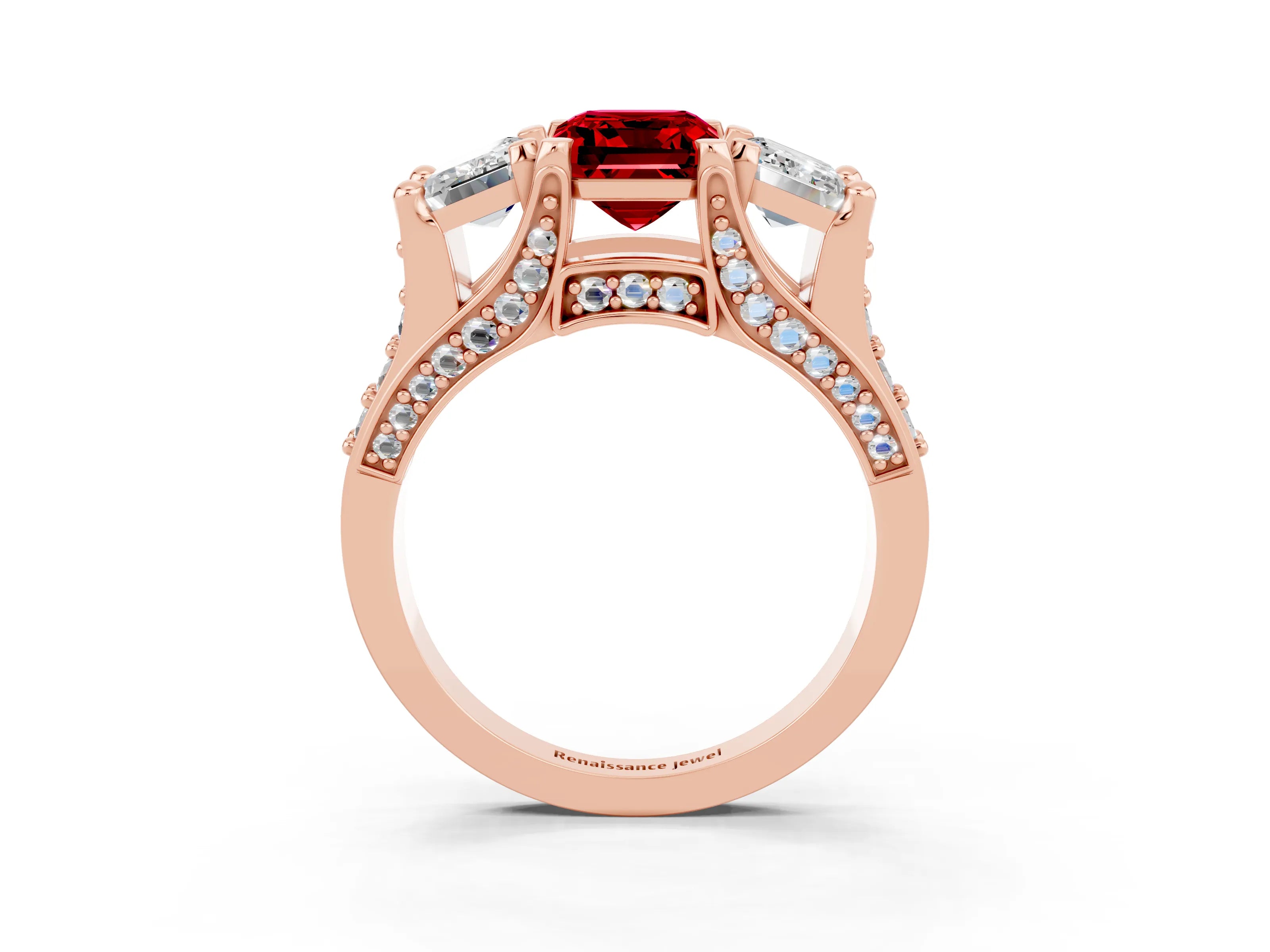 Rose gold Emerald Cut Ruby Three-Stone Ring with Channel Set Band and Four-Prong Setting_3