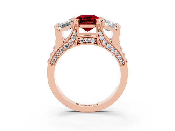 Rose gold Emerald Cut Ruby Three-Stone Ring with Channel Set Band and Four-Prong Setting