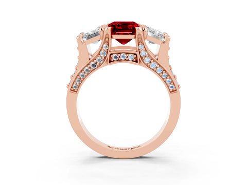 Rose gold Emerald Cut Ruby Three-Stone Ring with Channel Set Band and Four-Prong Setting_3