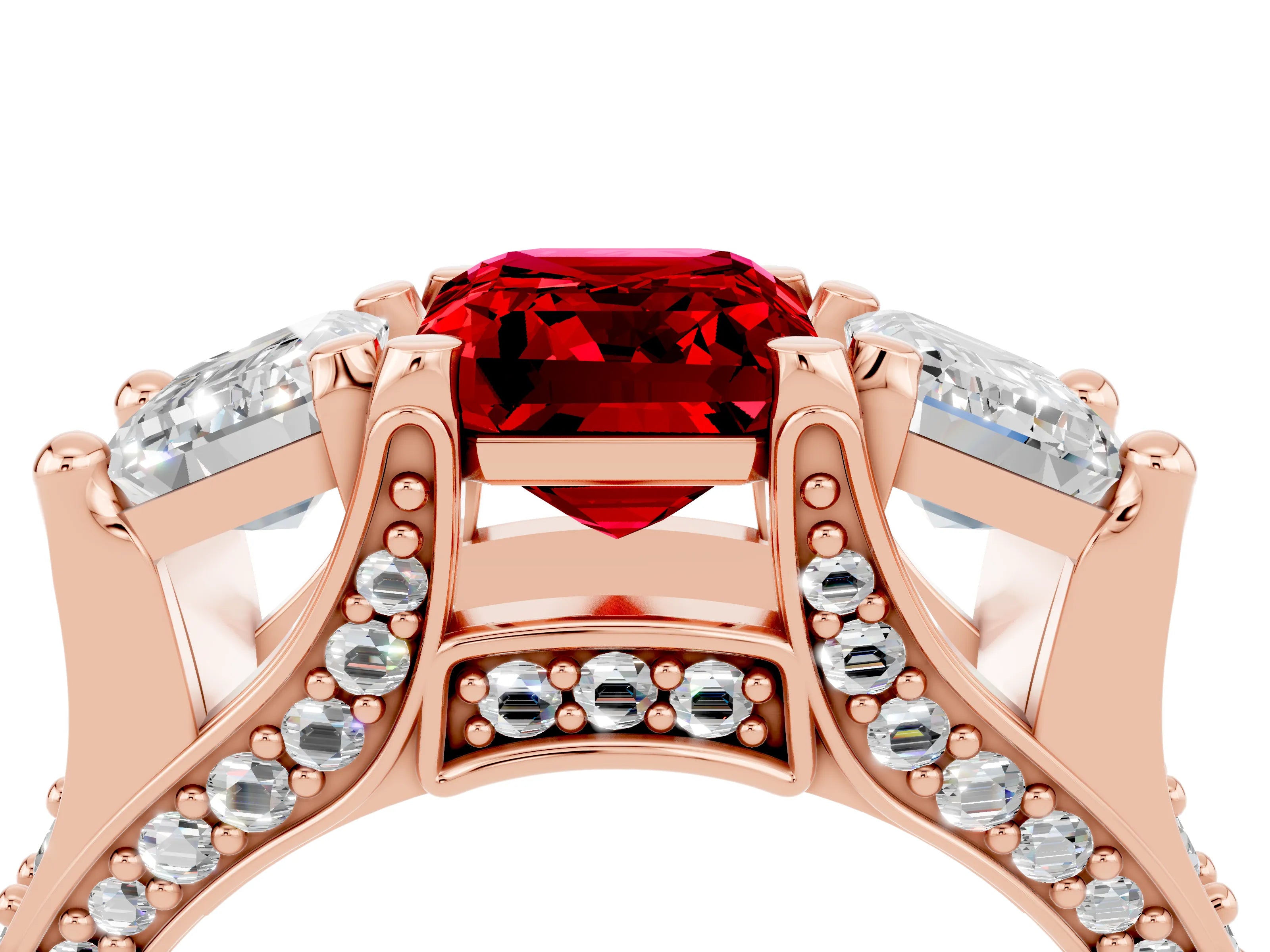 Rose gold Emerald Cut Ruby Three-Stone Ring with Channel Set Band and Four-Prong Setting_4