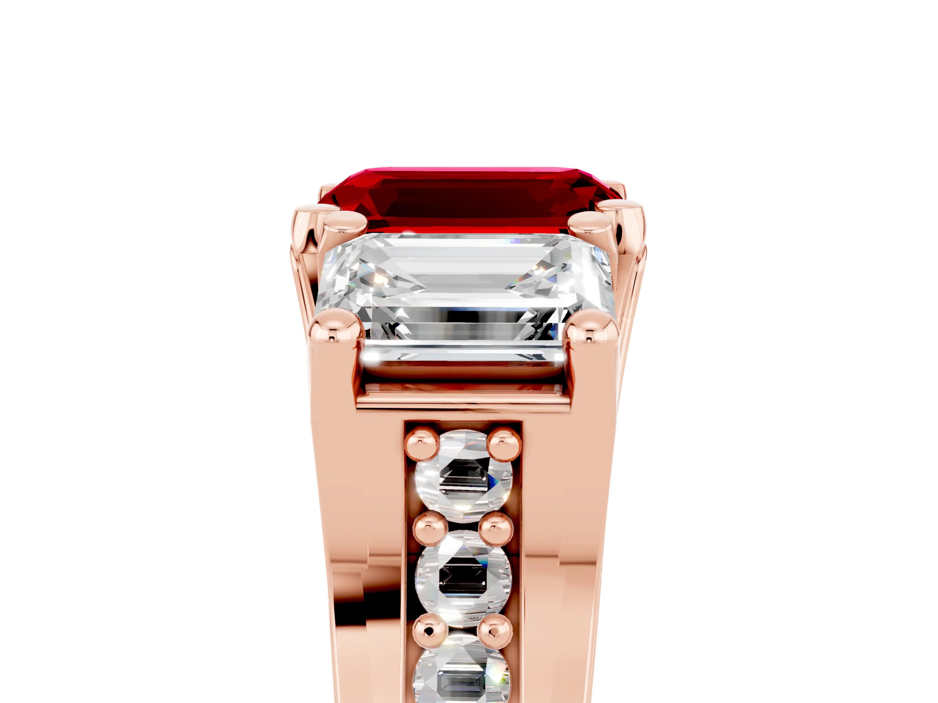 Rose gold Emerald Cut Ruby Three-Stone Ring with Channel Set Band and Four-Prong Setting_5