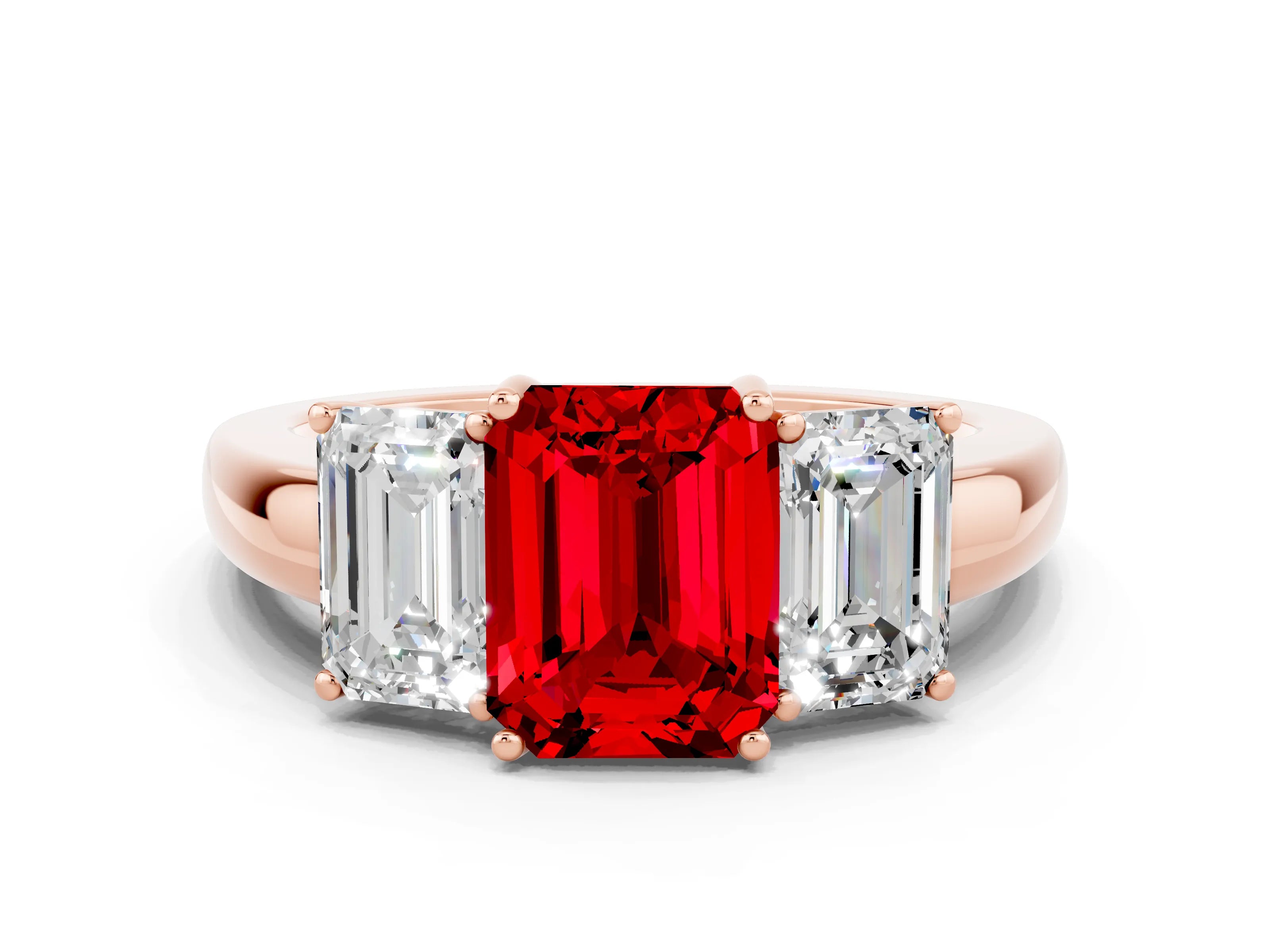 Rose gold Emerald Cut Ruby Three-Stone Ring with Four-Prong Setting and Classic Band