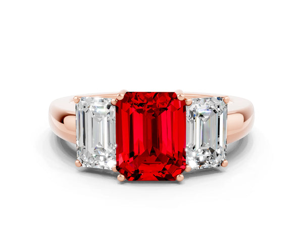 Rose gold Emerald Cut Ruby Three-Stone Ring with Four-Prong Setting and Classic Band