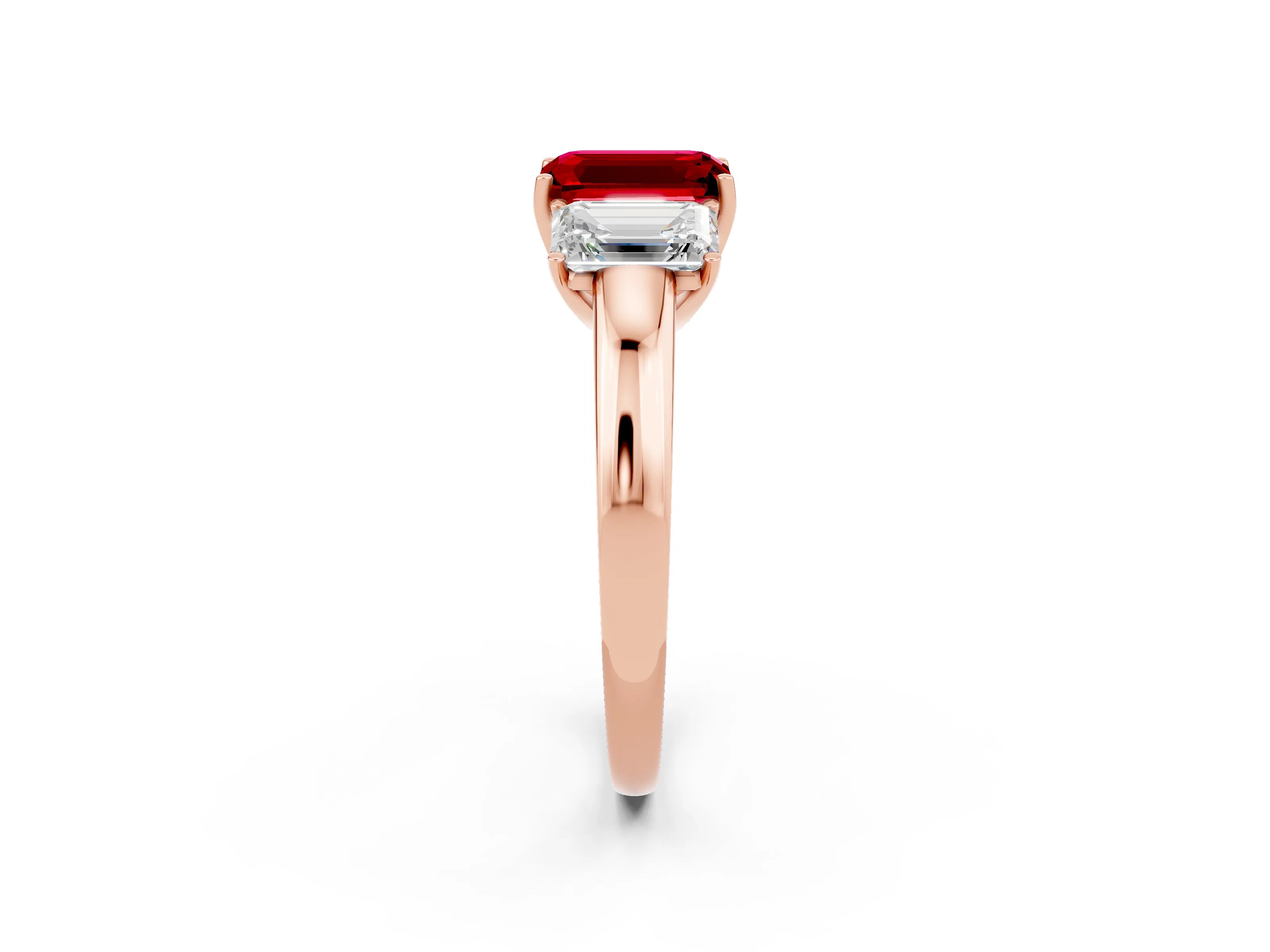 Rose gold Emerald Cut Ruby Three-Stone Ring with Four-Prong Setting and Classic Band_2