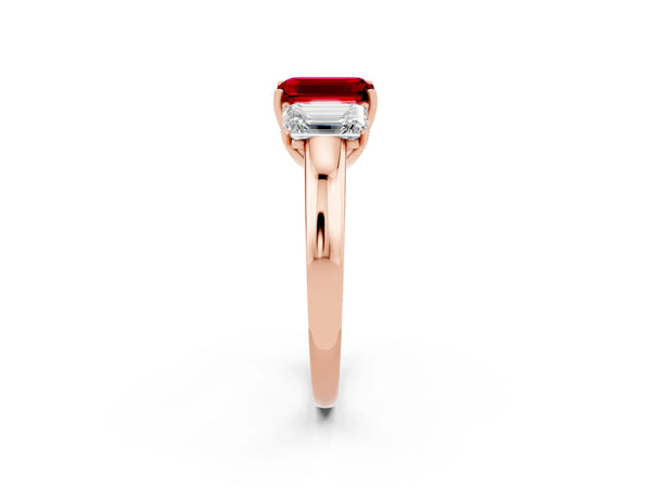 Rose gold Emerald Cut Ruby Three-Stone Ring with Four-Prong Setting and Classic Band