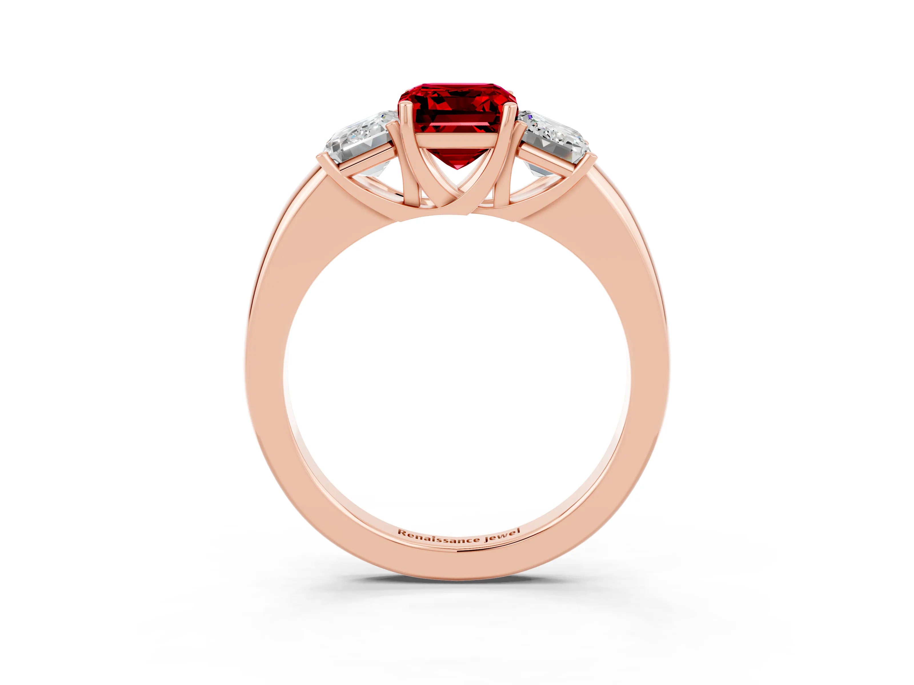 Rose gold Emerald Cut Ruby Three-Stone Ring with Four-Prong Setting and Classic Band_3
