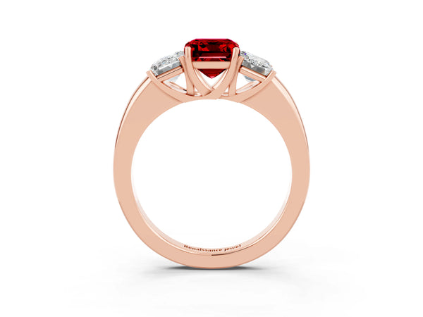 Rose gold Emerald Cut Ruby Three-Stone Ring with Four-Prong Setting and Classic Band