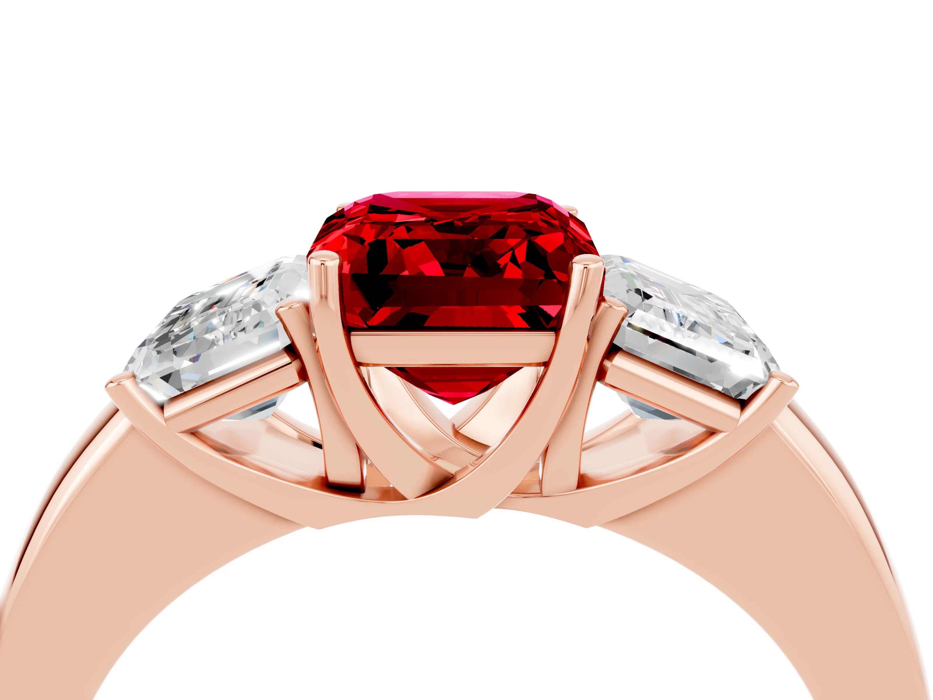 Rose gold Emerald Cut Ruby Three-Stone Ring with Four-Prong Setting and Classic Band_4