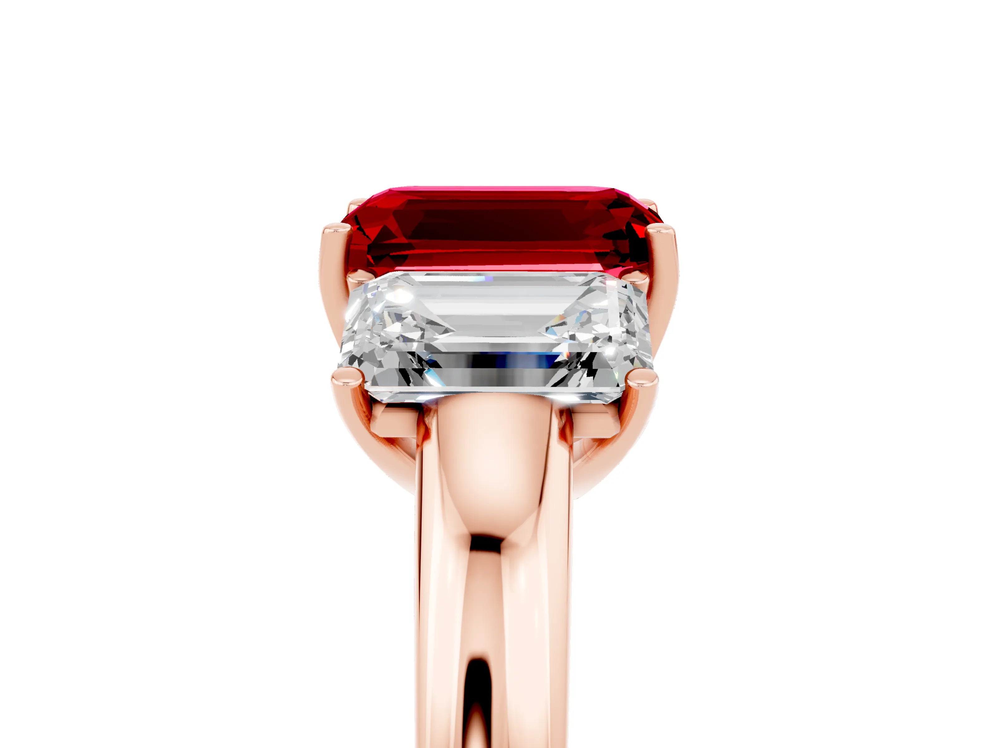Rose gold Emerald Cut Ruby Three-Stone Ring with Four-Prong Setting and Classic Band_5