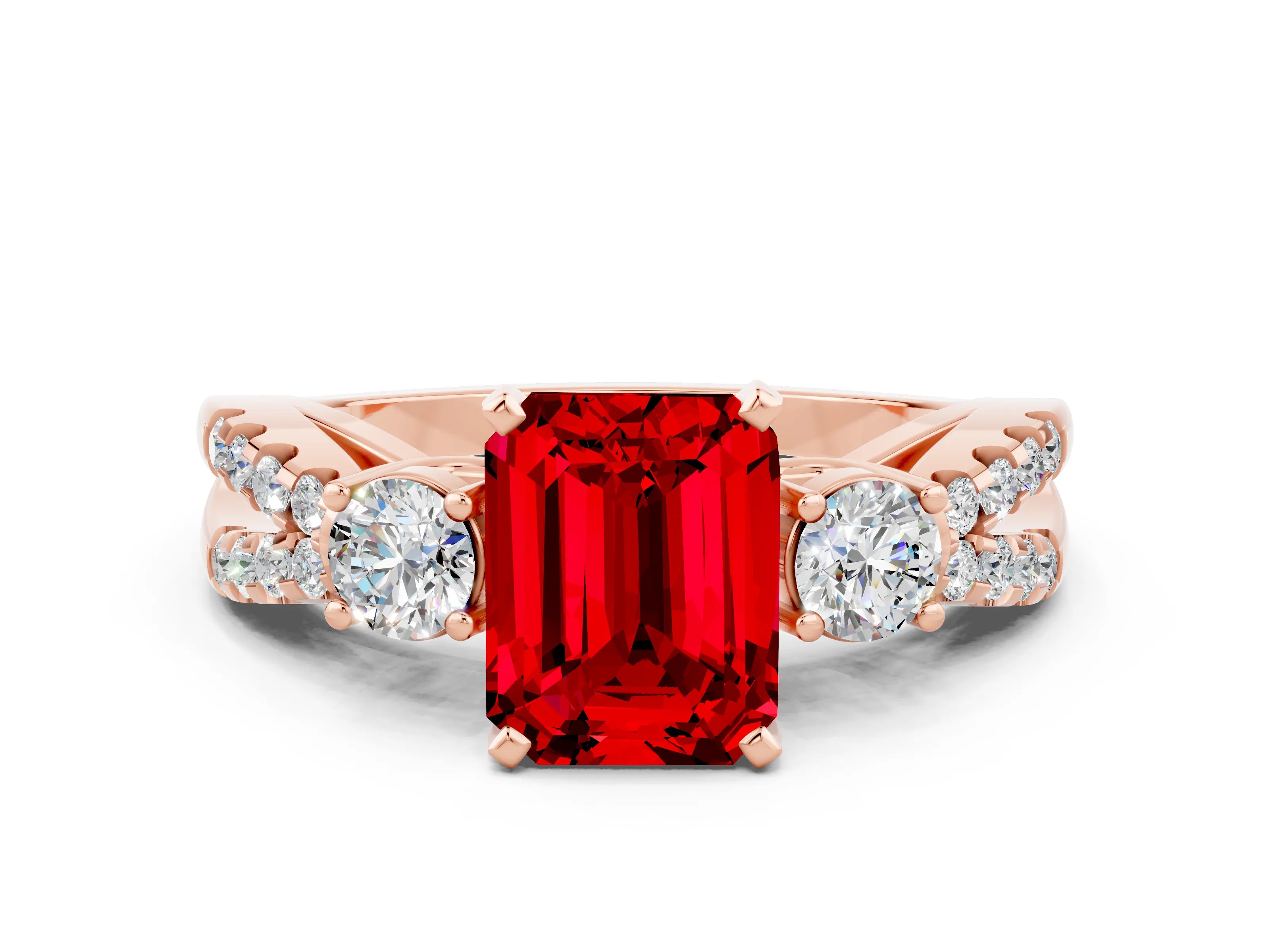 Rose gold Emerald Cut Ruby Three-Stone Ring with Pavé Split Shank and Four-Prong Setting