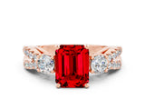 Rose gold Emerald Cut Ruby Three-Stone Ring with Pavé Split Shank and Four-Prong Setting