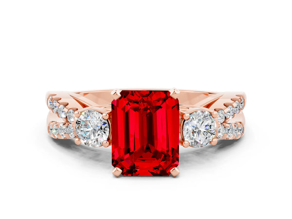 Rose gold Emerald Cut Ruby Three-Stone Ring with Pavé Split Shank and Four-Prong Setting