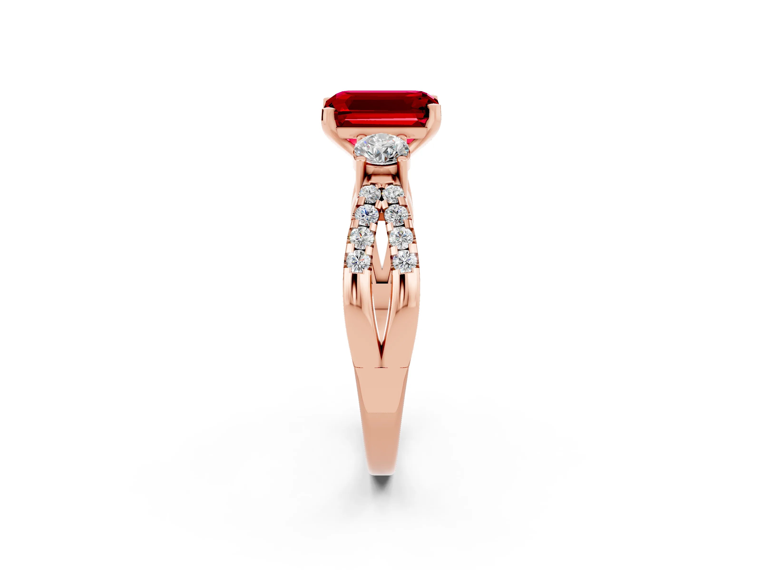 Rose gold Emerald Cut Ruby Three-Stone Ring with Pavé Split Shank and Four-Prong Setting_2