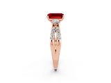 Rose gold Emerald Cut Ruby Three-Stone Ring with Pavé Split Shank and Four-Prong Setting_2