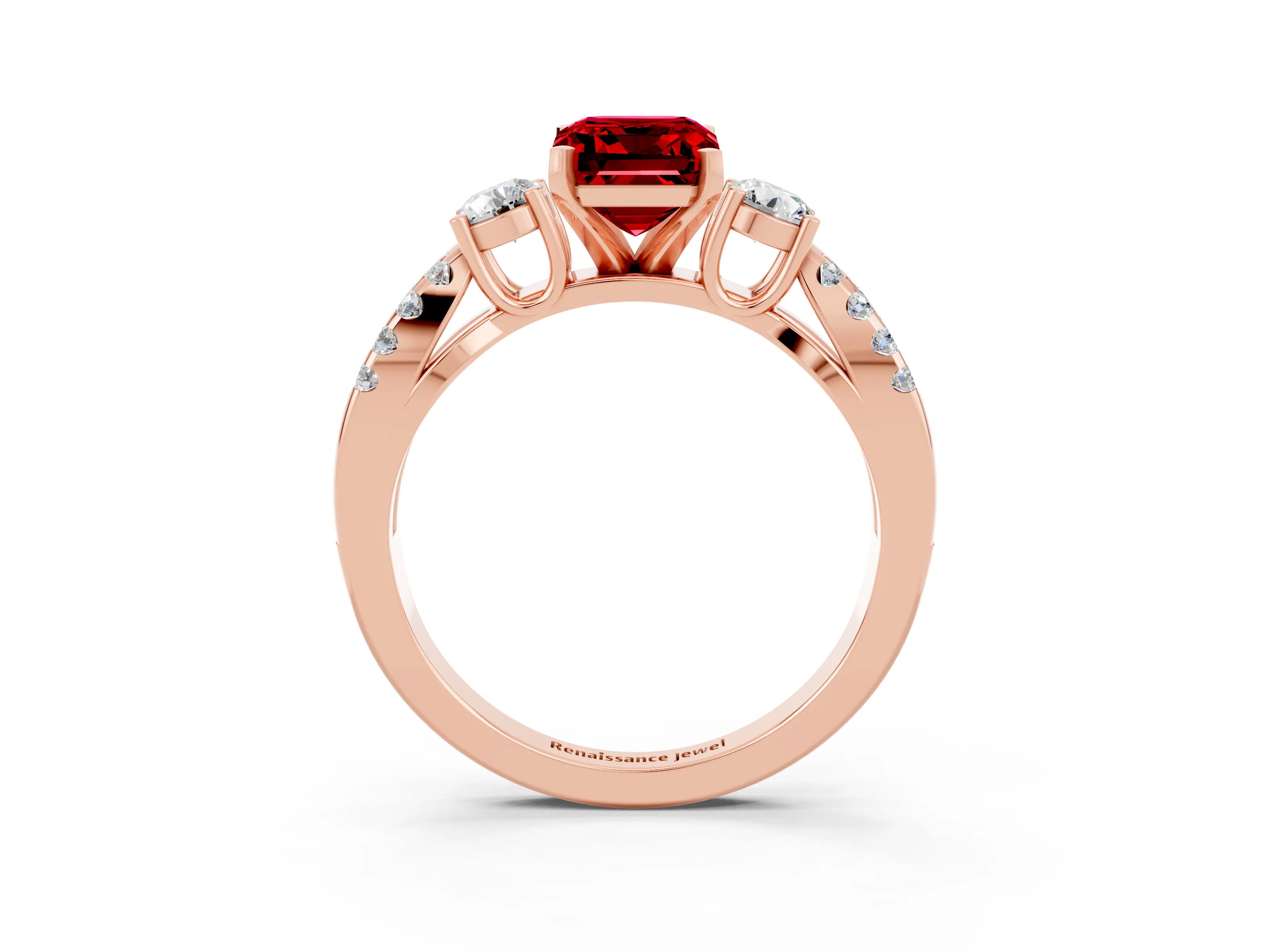 Rose gold Emerald Cut Ruby Three-Stone Ring with Pavé Split Shank and Four-Prong Setting_3