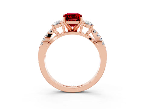 Rose gold Emerald Cut Ruby Three-Stone Ring with Pavé Split Shank and Four-Prong Setting_3