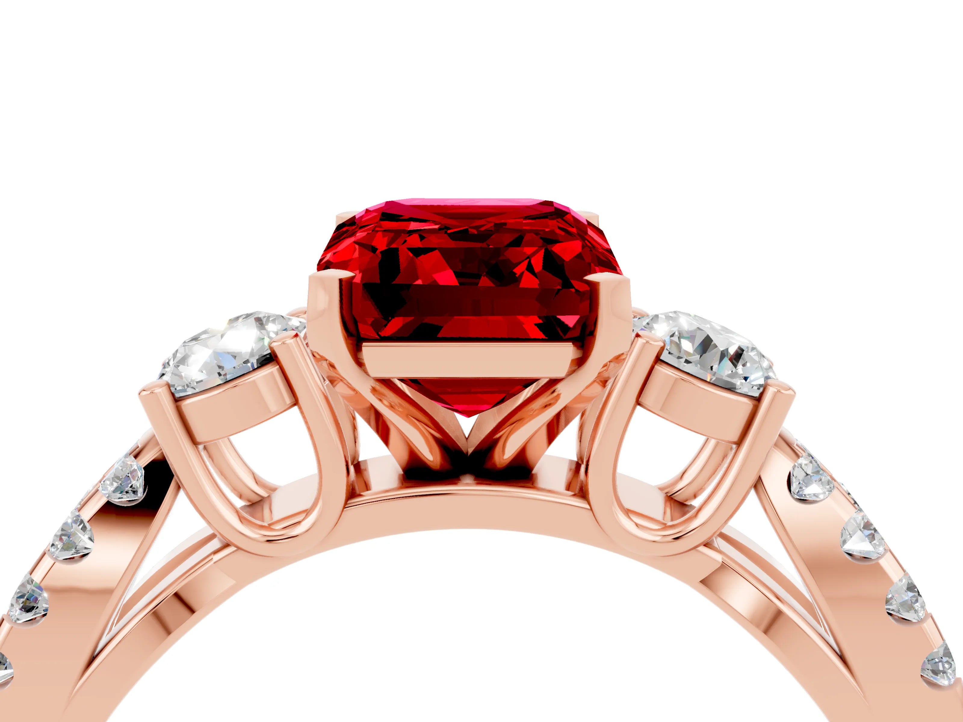Rose gold Emerald Cut Ruby Three-Stone Ring with Pavé Split Shank and Four-Prong Setting_4