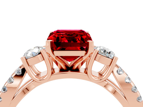 Rose gold Emerald Cut Ruby Three-Stone Ring with Pavé Split Shank and Four-Prong Setting_4