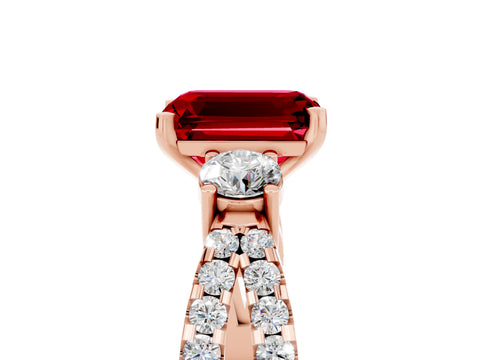 Rose gold Emerald Cut Ruby Three-Stone Ring with Pavé Split Shank and Four-Prong Setting_5