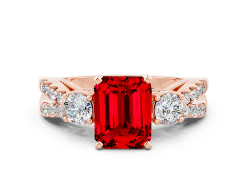 Rose gold Emerald Cut Ruby Three-Stone Ring with Pavé Split Shank and Four-Prong Setting
