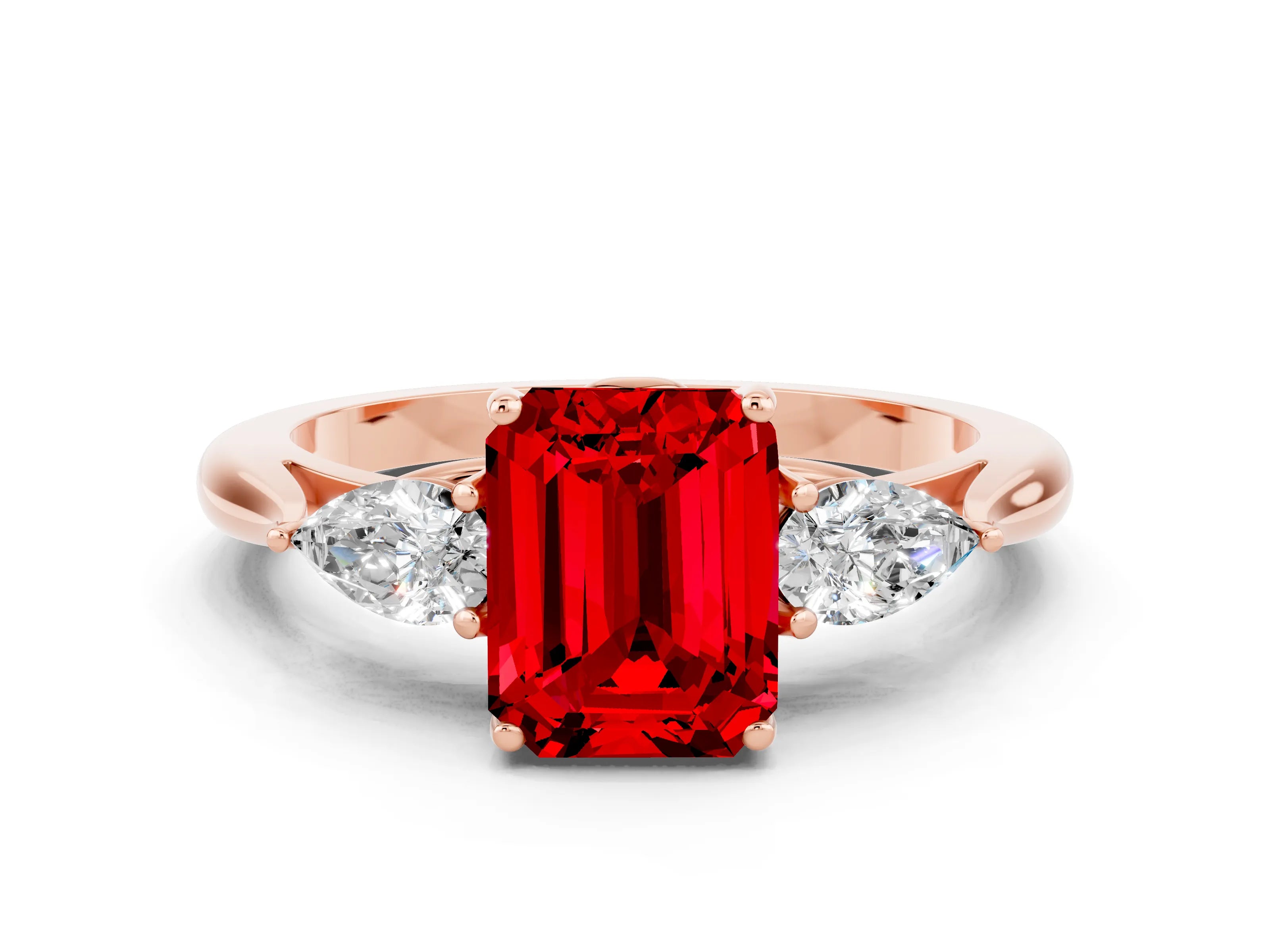 Rose gold Emerald Cut Ruby Three-Stone Ring with Pear Side Stones and Four-Prong Setting_12