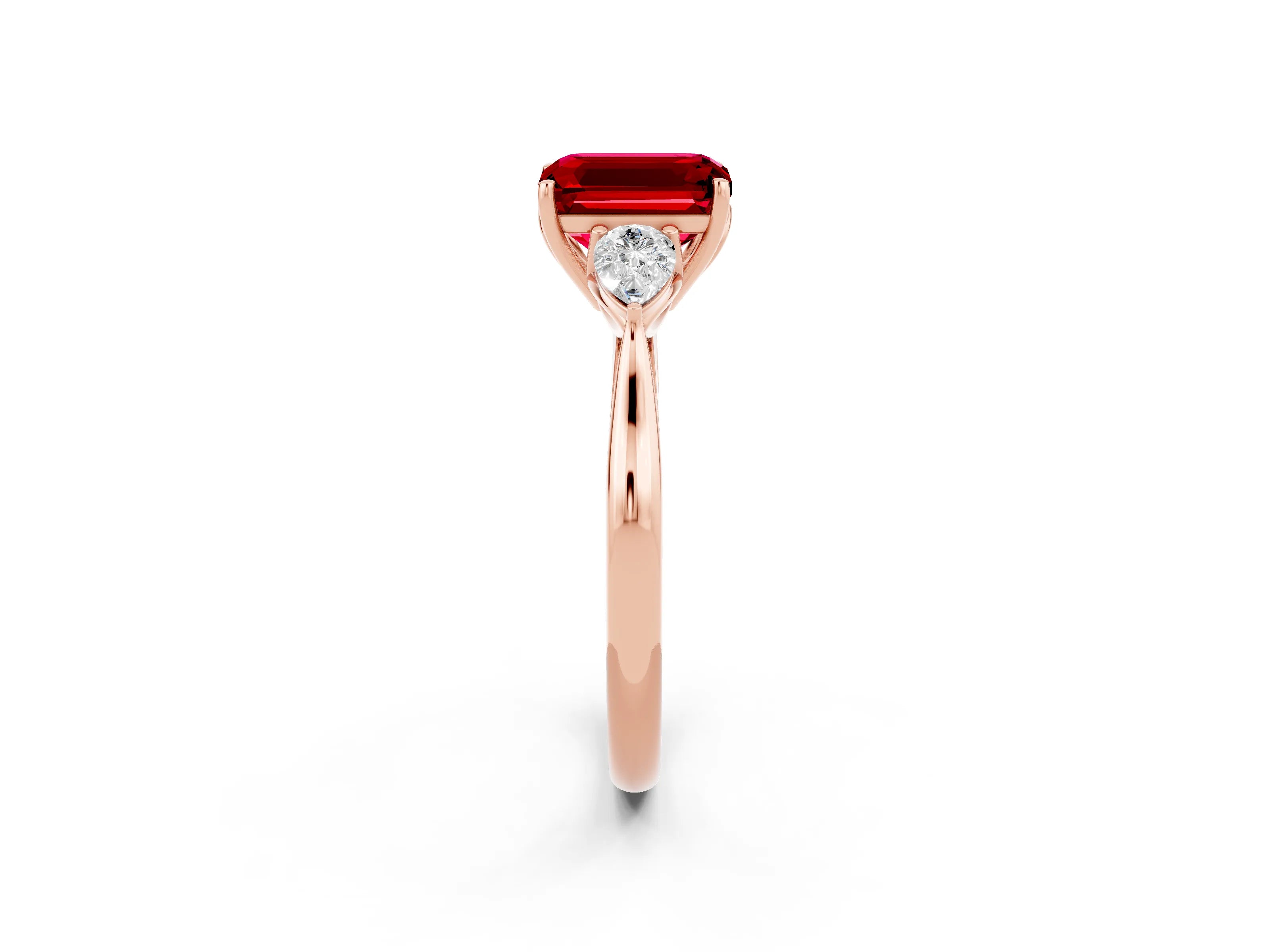 Rose gold Emerald Cut Ruby Three-Stone Ring with Pear Side Stones and Four-Prong Setting_14