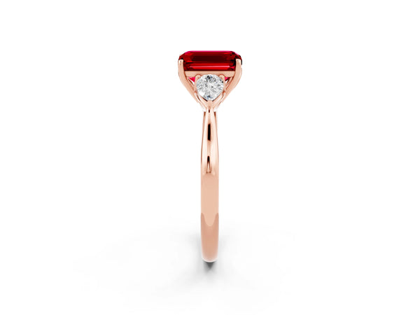 Rose gold Emerald Cut Ruby Three-Stone Ring with Pear  Side Stones and Prong Setting