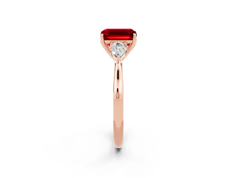 Rose gold Emerald Cut Ruby Three-Stone Ring with Pear Side Stones and Four-Prong Setting_14