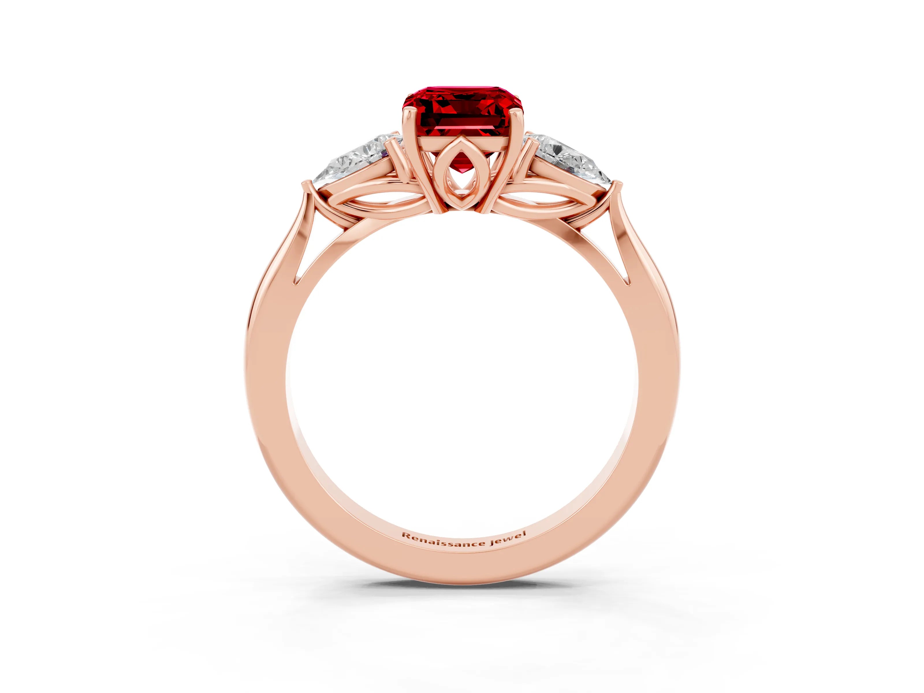 Rose gold Emerald Cut Ruby Three-Stone Ring with Pear Side Stones and Four-Prong Setting_15