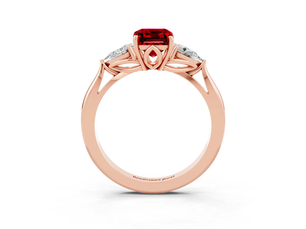 Rose gold Emerald Cut Ruby Three-Stone Ring with Pear  Side Stones and Prong Setting