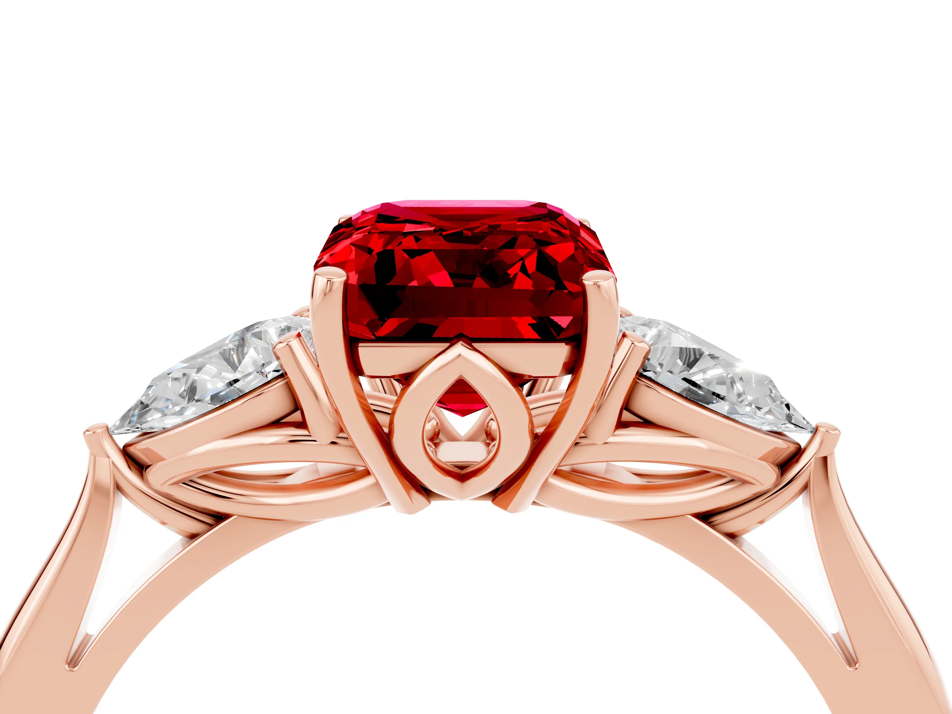 Rose gold Emerald Cut Ruby Three-Stone Ring with Pear Side Stones and Four-Prong Setting_16