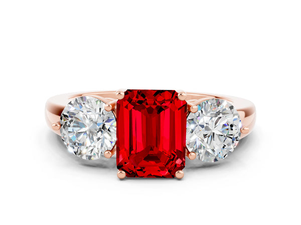 Rose gold Emerald Cut Ruby Three-Stone Ring with Prong Setting and Classic Band