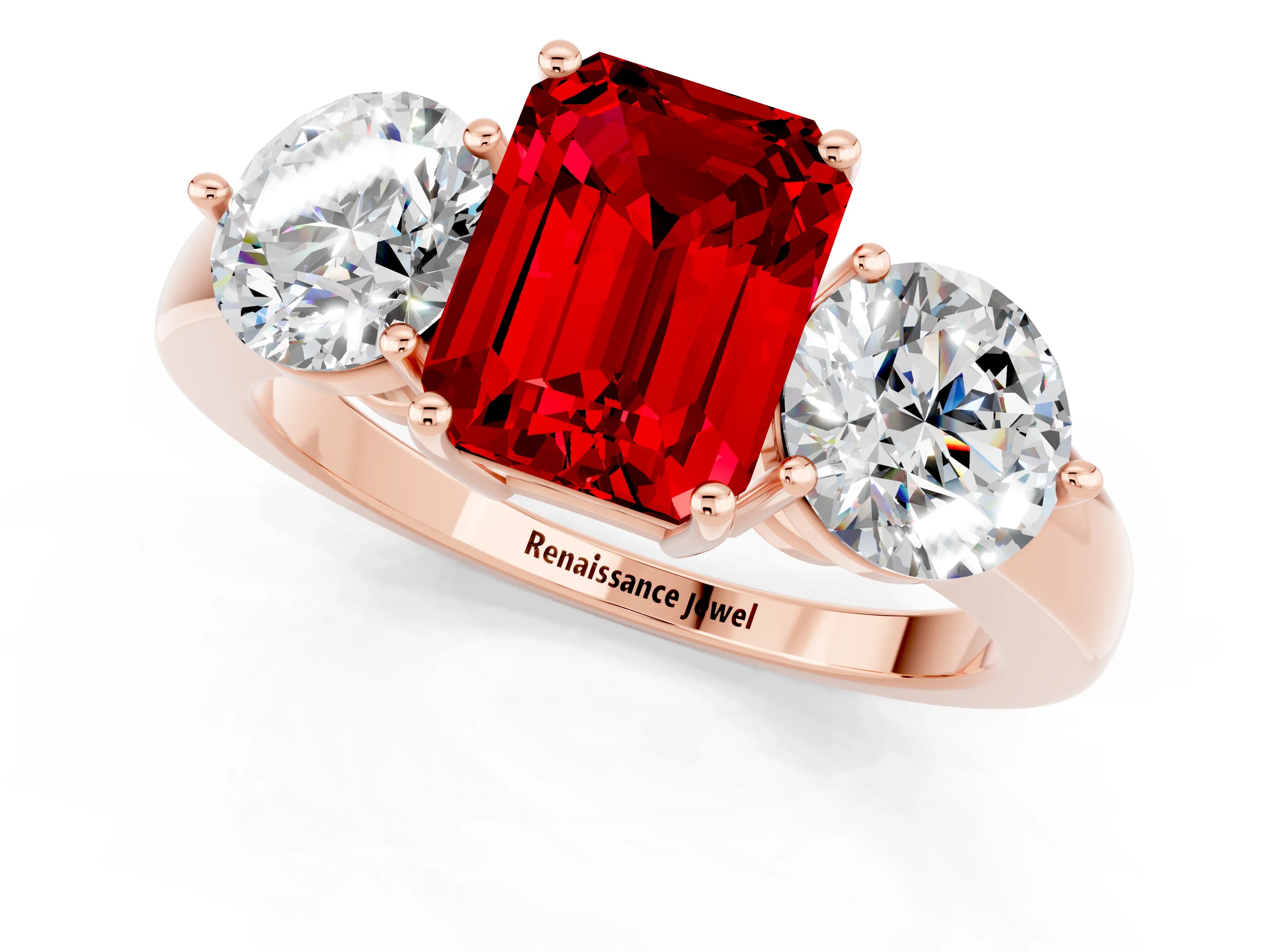 Rose gold Emerald Cut Ruby Three-Stone Ring with Prong Setting and Classic Band_1
