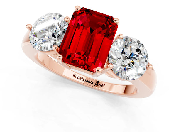 Rose gold Emerald Cut Ruby Three-Stone Ring with Prong Setting and Classic Band