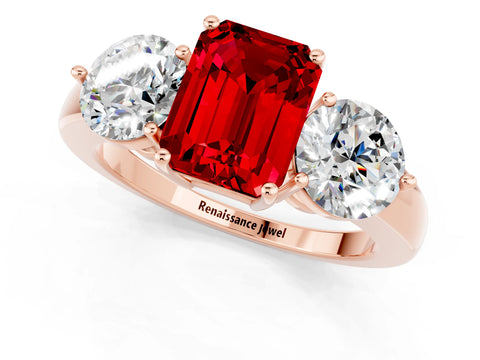 Rose gold Emerald Cut Ruby Three-Stone Ring with Prong Setting and Classic Band_1