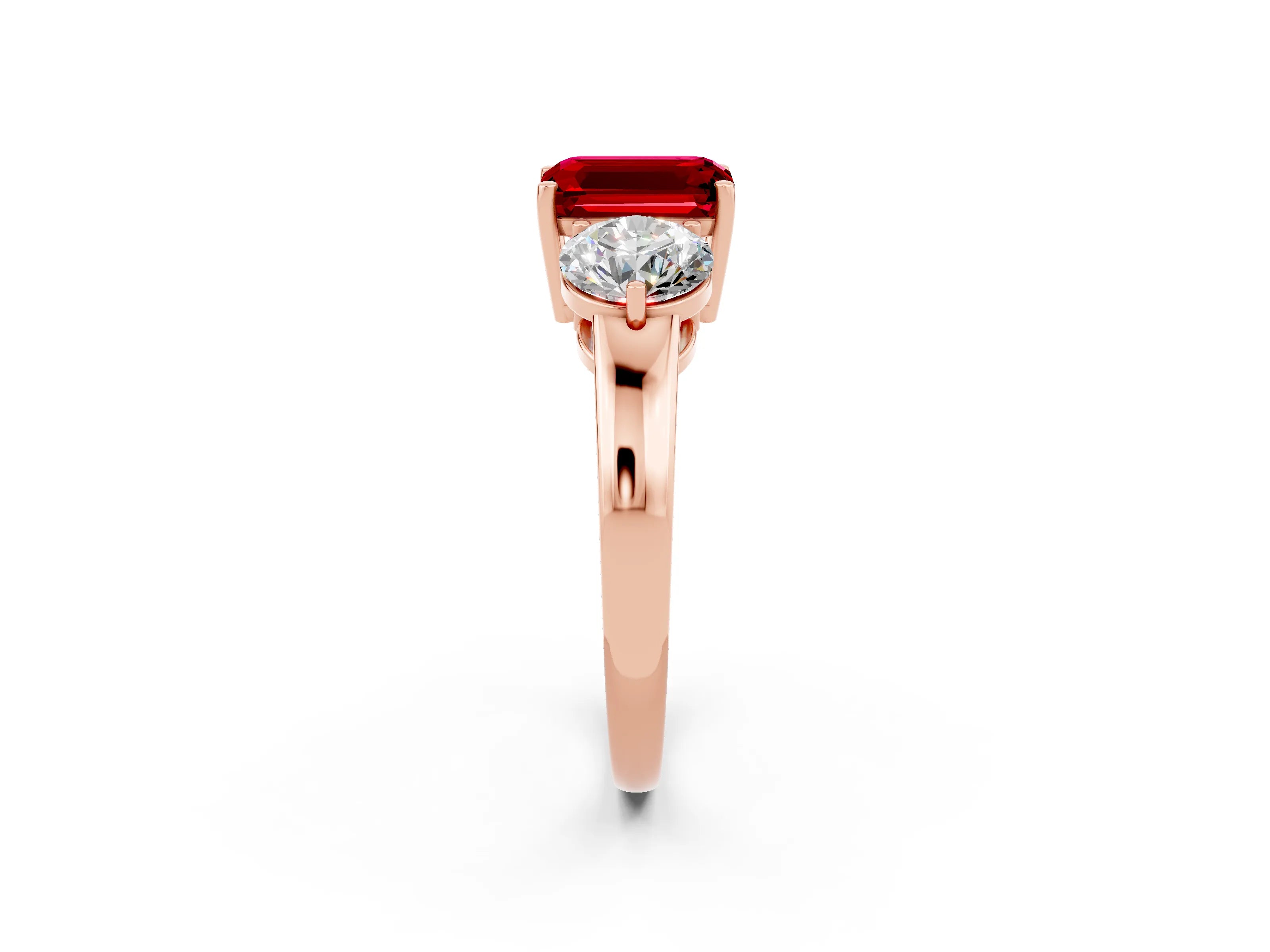 Rose gold Emerald Cut Ruby Three-Stone Ring with Prong Setting and Classic Band_2