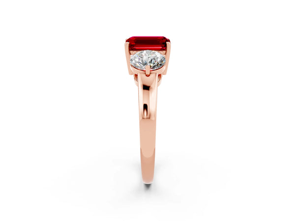 Rose gold Emerald Cut Ruby Three-Stone Ring with Prong Setting and Classic Band
