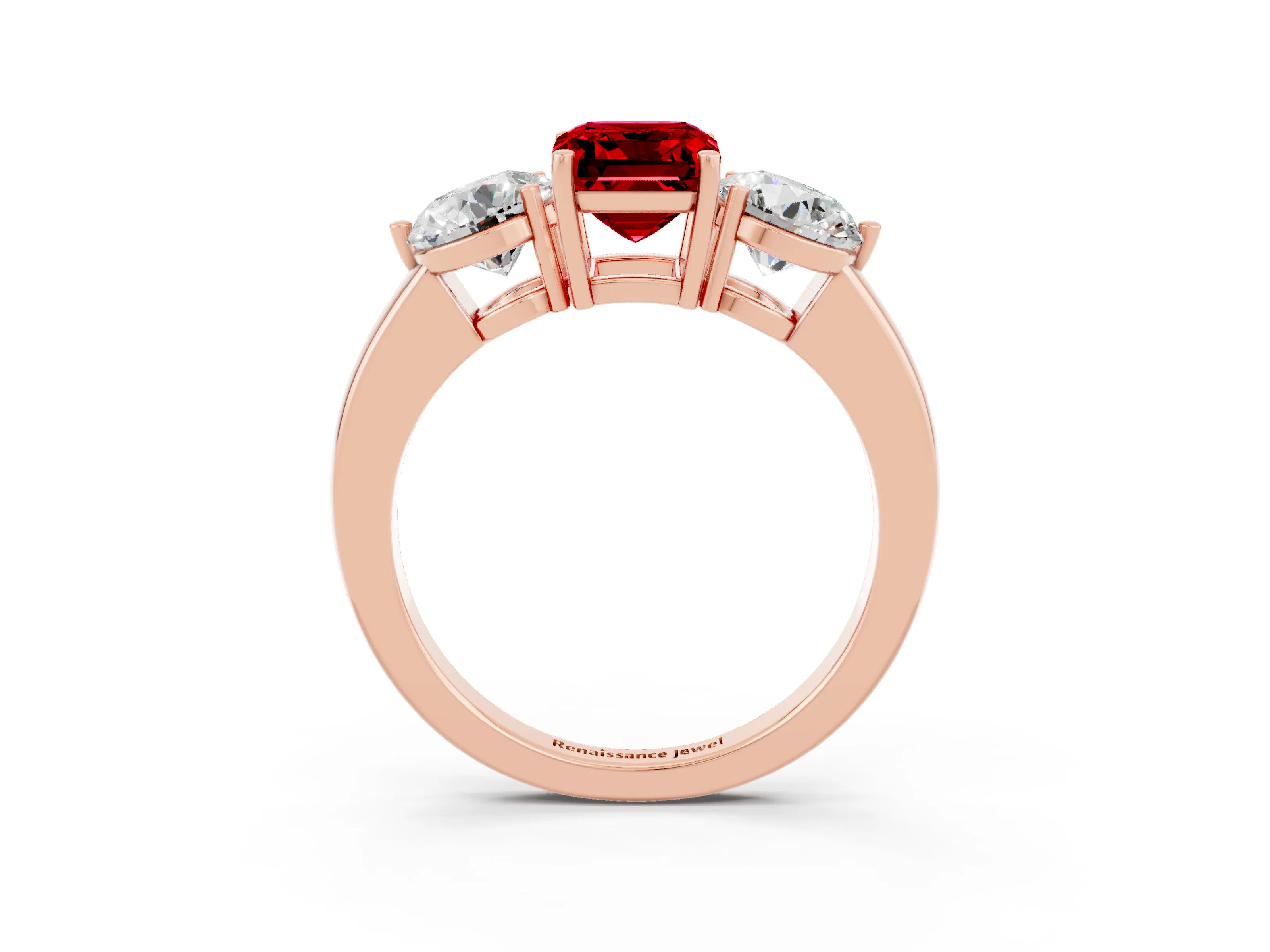 Rose gold Emerald Cut Ruby Three-Stone Ring with Prong Setting and Classic Band_3