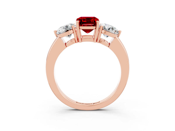 Rose gold Emerald Cut Ruby Three-Stone Ring with Prong Setting and Classic Band