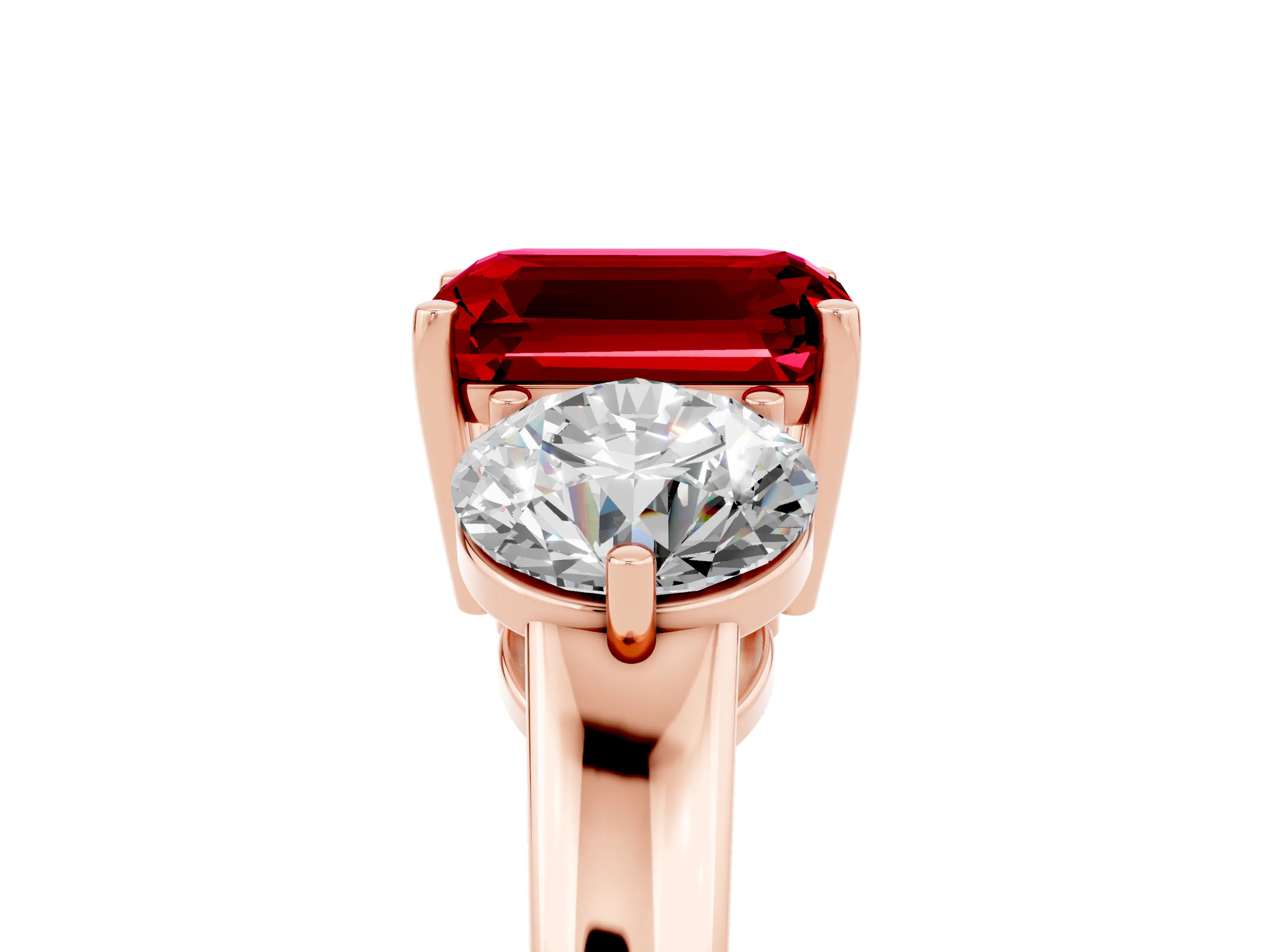 Rose gold Emerald Cut Ruby Three-Stone Ring with Prong Setting and Classic Band_5