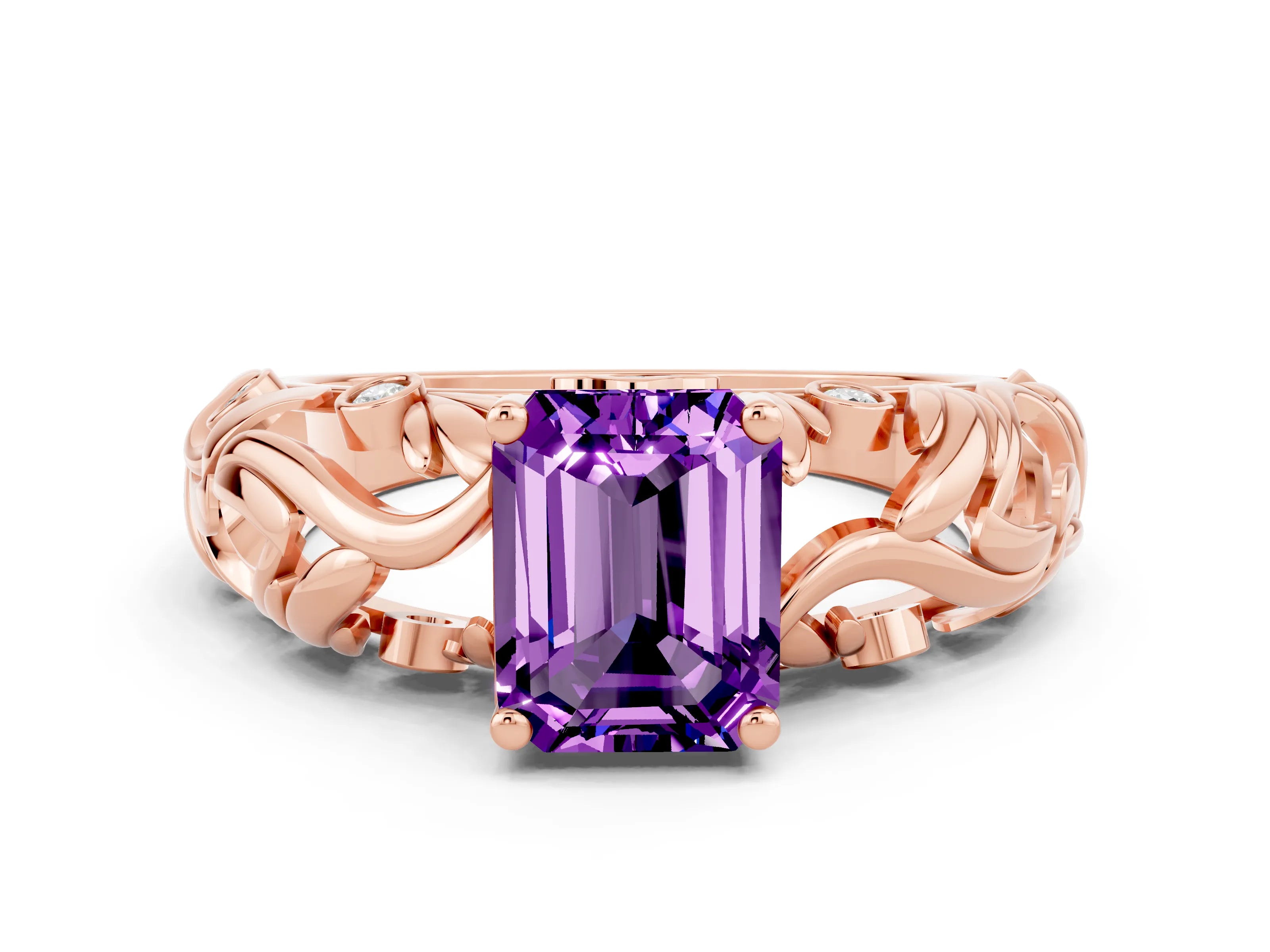 Rose gold Emerald Cut Solitaire Amethyst Leaf-Inspired Vine Band Ring with Prong Setting