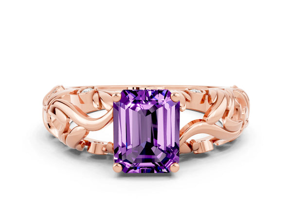 Rose gold Emerald Cut Solitaire Amethyst Leaf-Inspired Vine Band Ring with Prong Setting