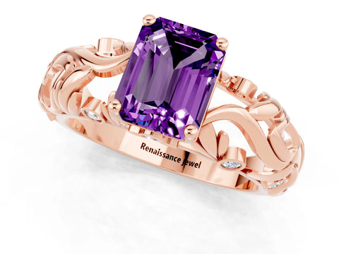 Rose gold Emerald Cut Solitaire Amethyst Leaf-Inspired Vine Band Ring with Prong Setting_1