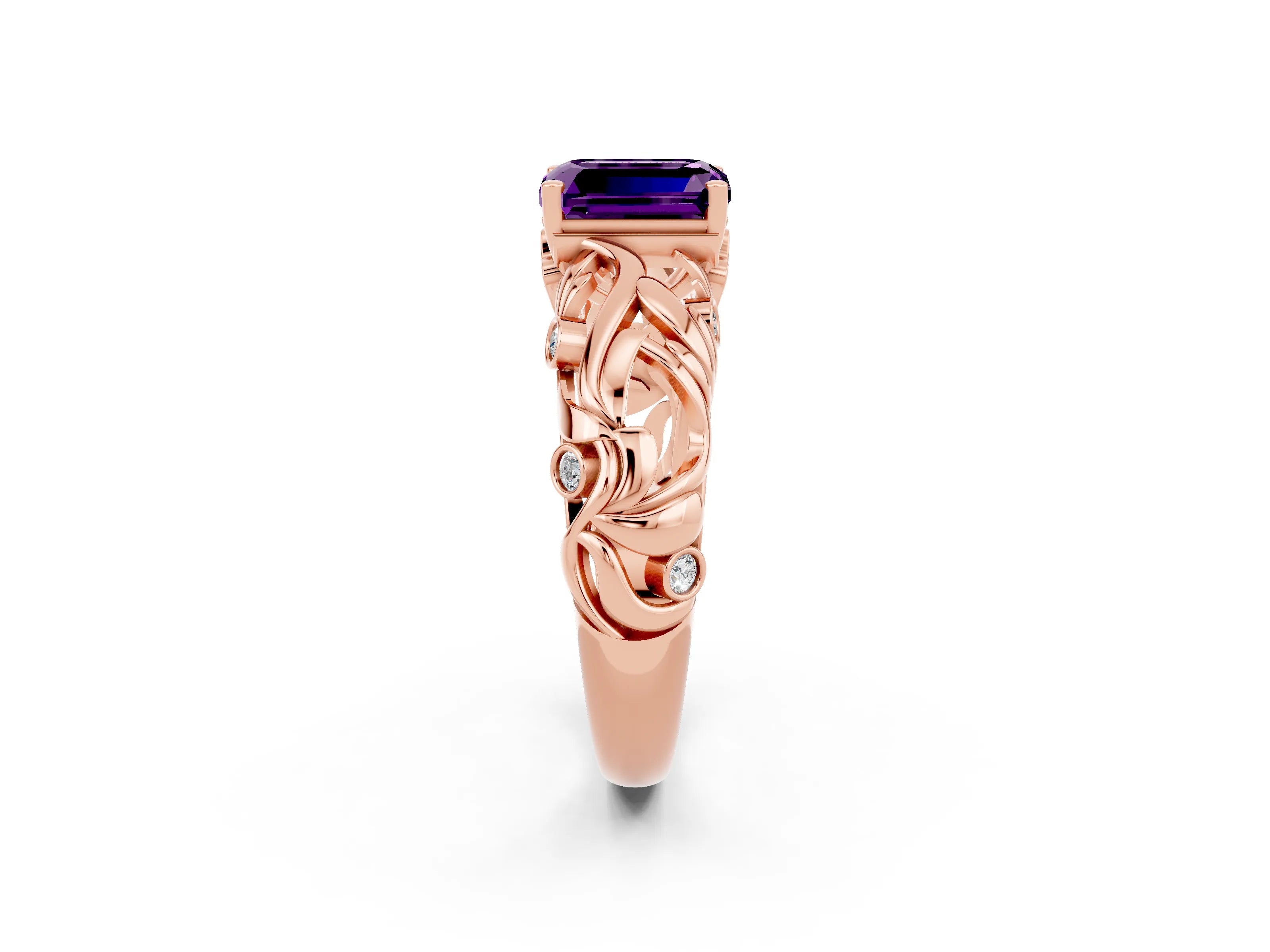 Rose gold Emerald Cut Solitaire Amethyst Leaf-Inspired Vine Band Ring with Prong Setting_2
