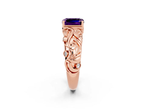 Rose gold Emerald Cut Solitaire Amethyst Leaf-Inspired Vine Band Ring with Prong Setting_2