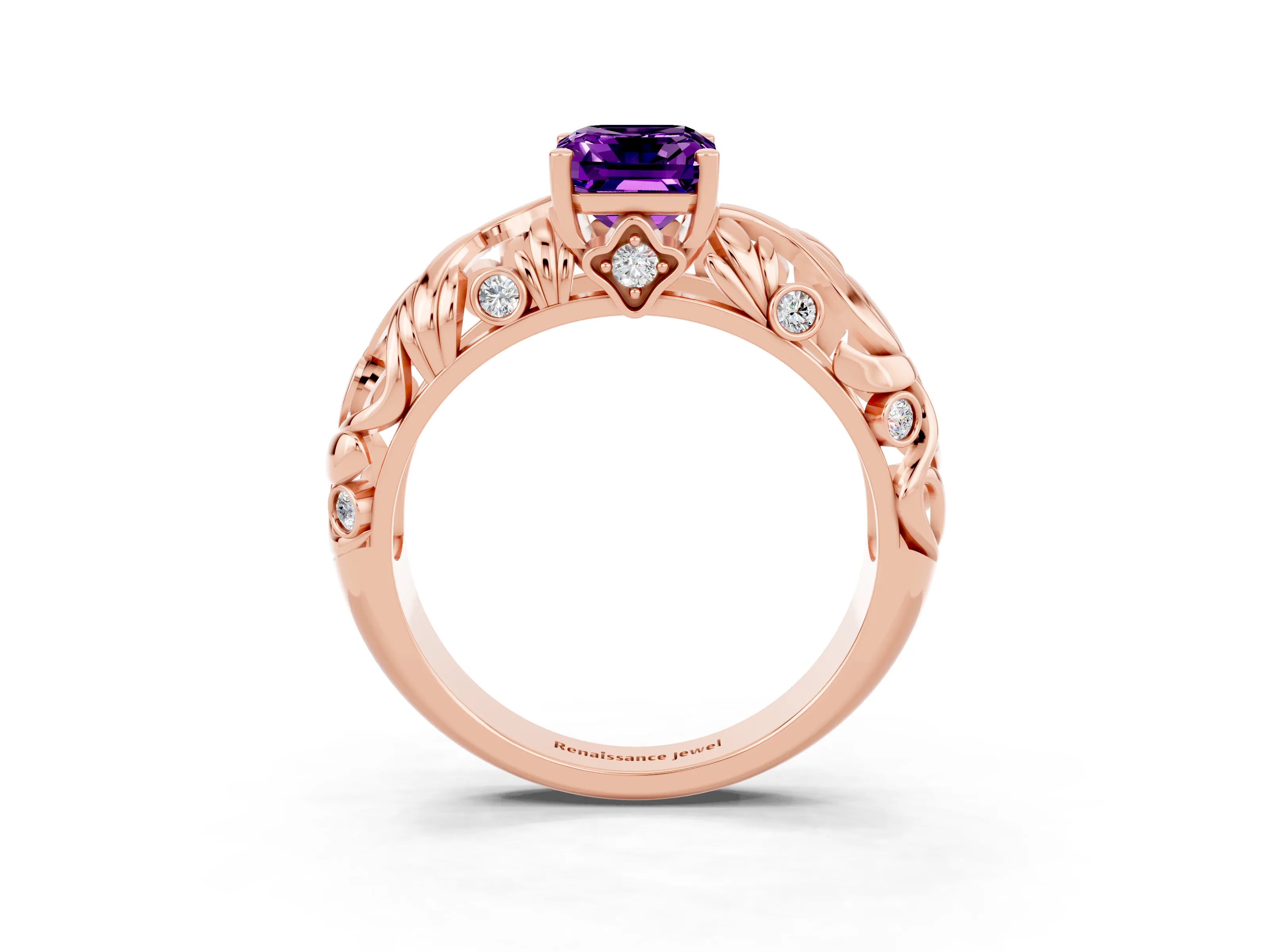 Rose gold Emerald Cut Solitaire Amethyst Leaf-Inspired Vine Band Ring with Prong Setting_3