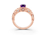 Rose gold Emerald Cut Solitaire Amethyst Leaf-Inspired Vine Band Ring with Prong Setting_3