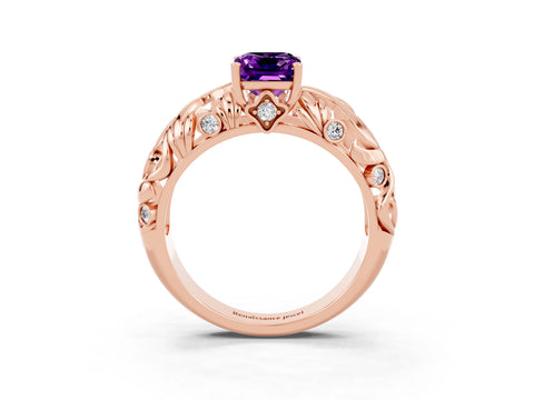 Rose gold Emerald Cut Solitaire Amethyst Leaf-Inspired Vine Band Ring with Prong Setting_3